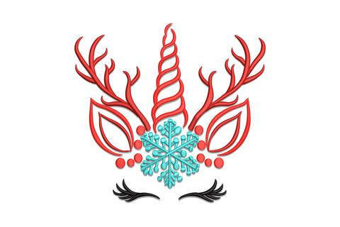 Reindeer unicorn face embroidery design with golden horn, brown antlers, warm tan face, and soft rosy cheeks.