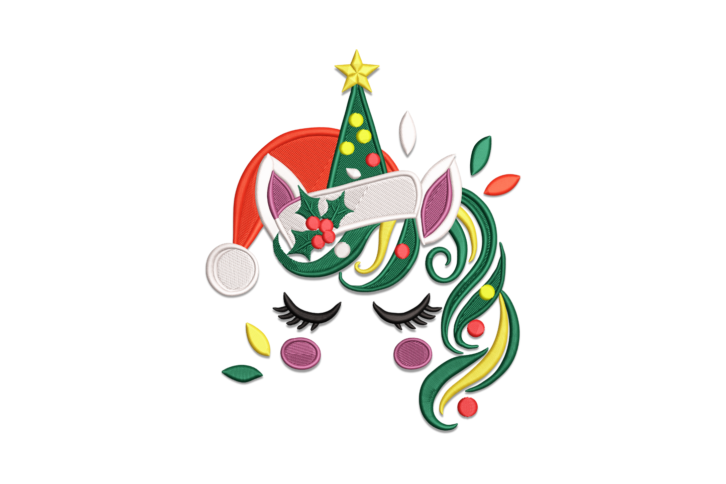 Christmas unicorn face with Santa hat and tiny tree, green mane with ornament bulbs and holly, 8-colour embroidery design.