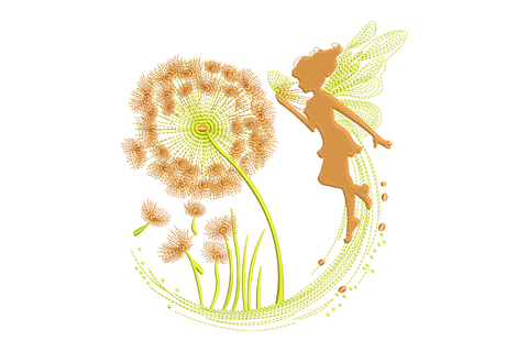 Magical fairy embroidery design showing a fairy silhouette floating beside a large dandelion clock with seeds drifting across, a lime green swirl arc framing the scene, in warm amber gold and green.