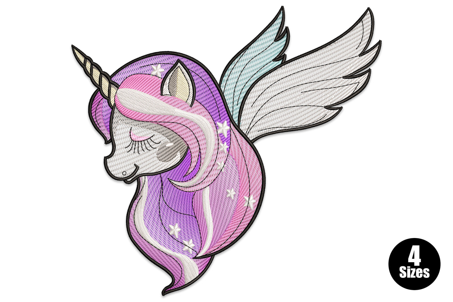Flying unicorn embroidery, bust portrait with purple-pink flowing hair, feathered wings and gold spiral horn.