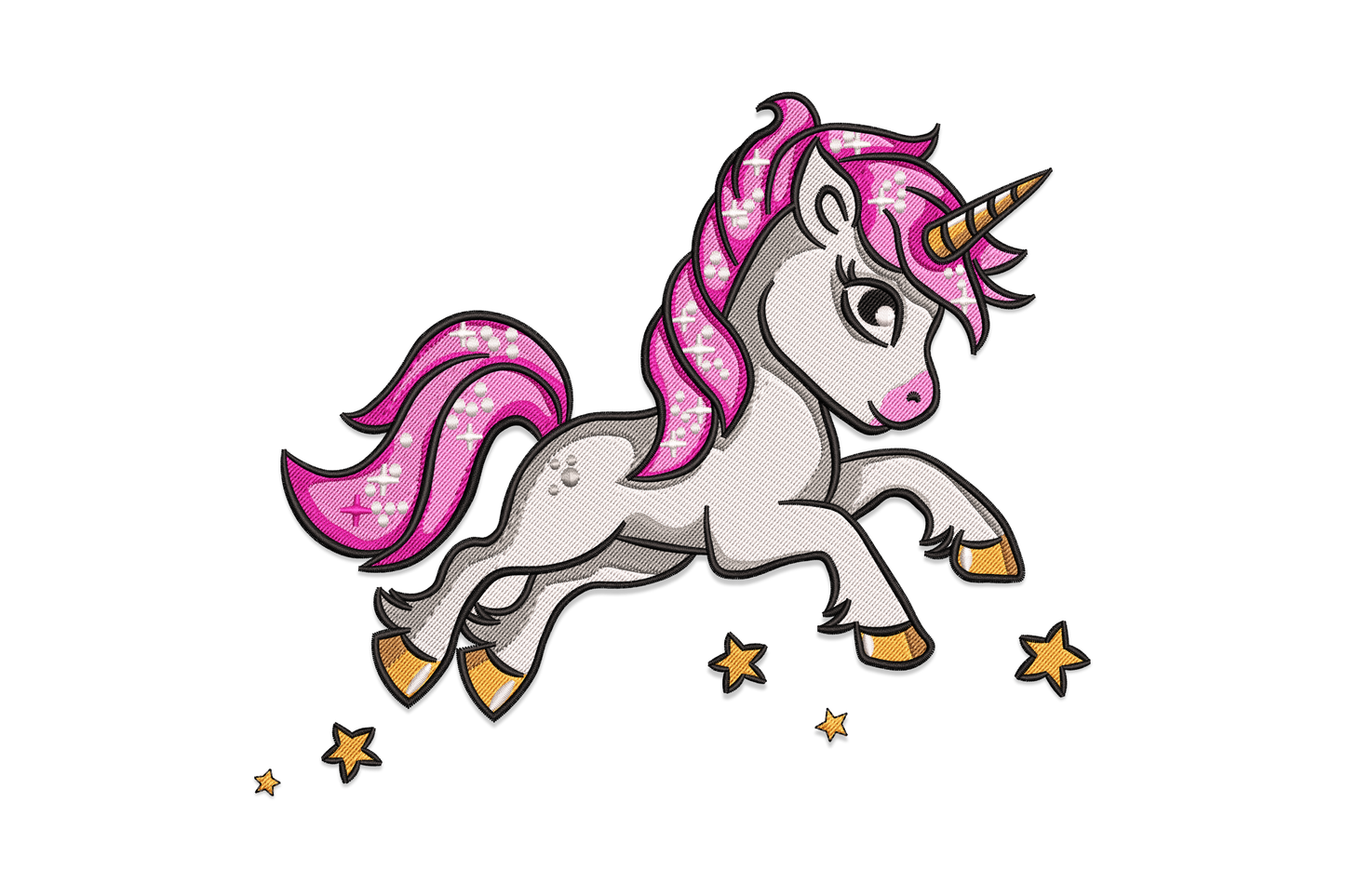 Running unicorn embroidery in chibi cartoon style with hot pink flowing hair, gold horn and hooves, scattered gold stars.