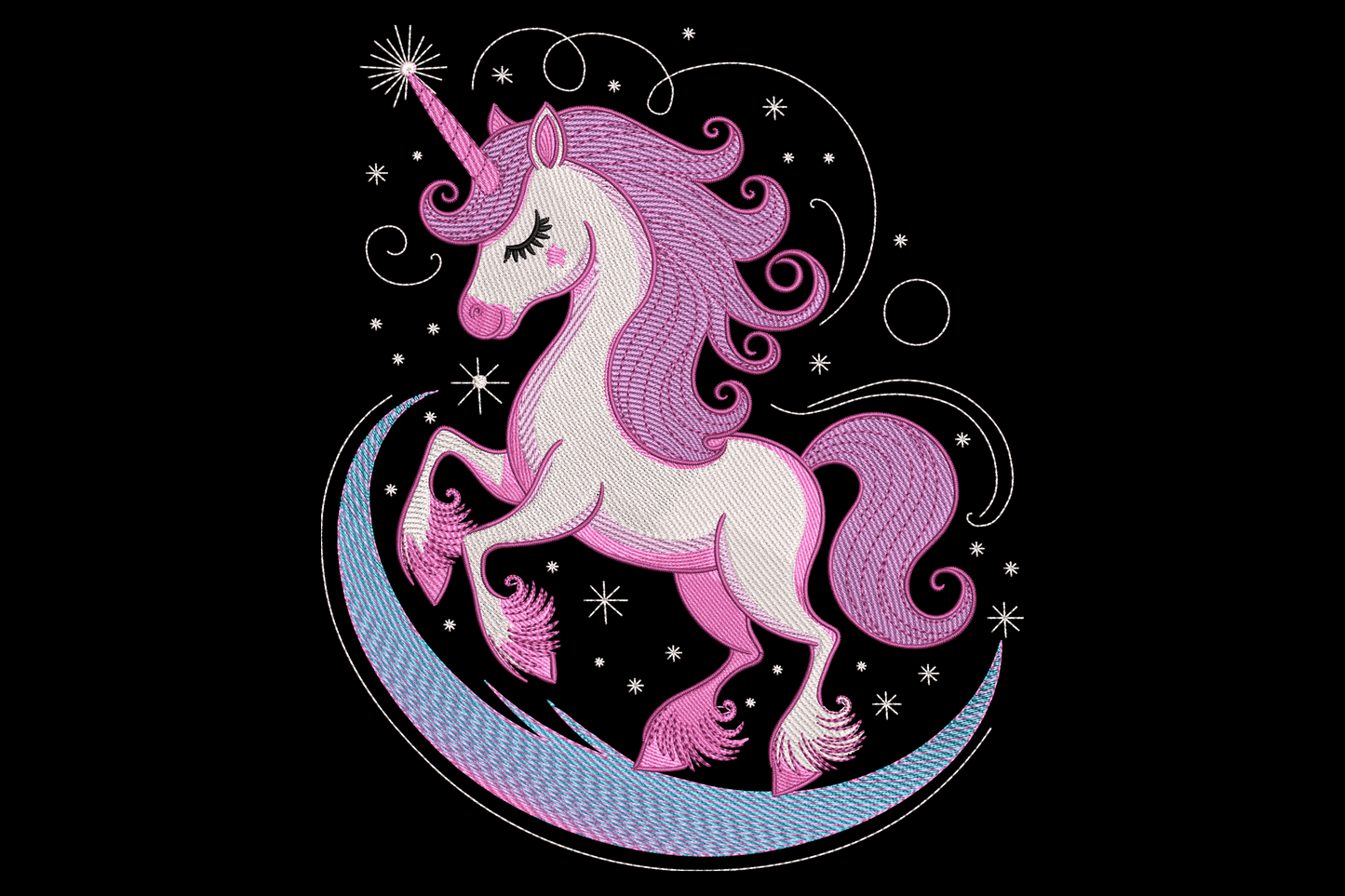 Magical unicorn moonlight embroidery design with pastel cream unicorn rainbow mane glowing crescent moon navy night sky.