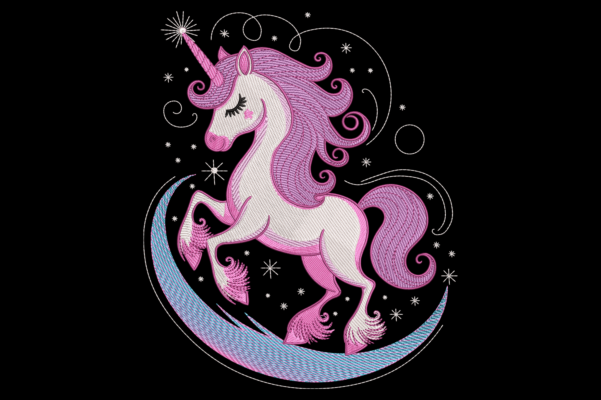 Magical unicorn moonlight embroidery design with pastel cream unicorn rainbow mane glowing crescent moon navy night sky.