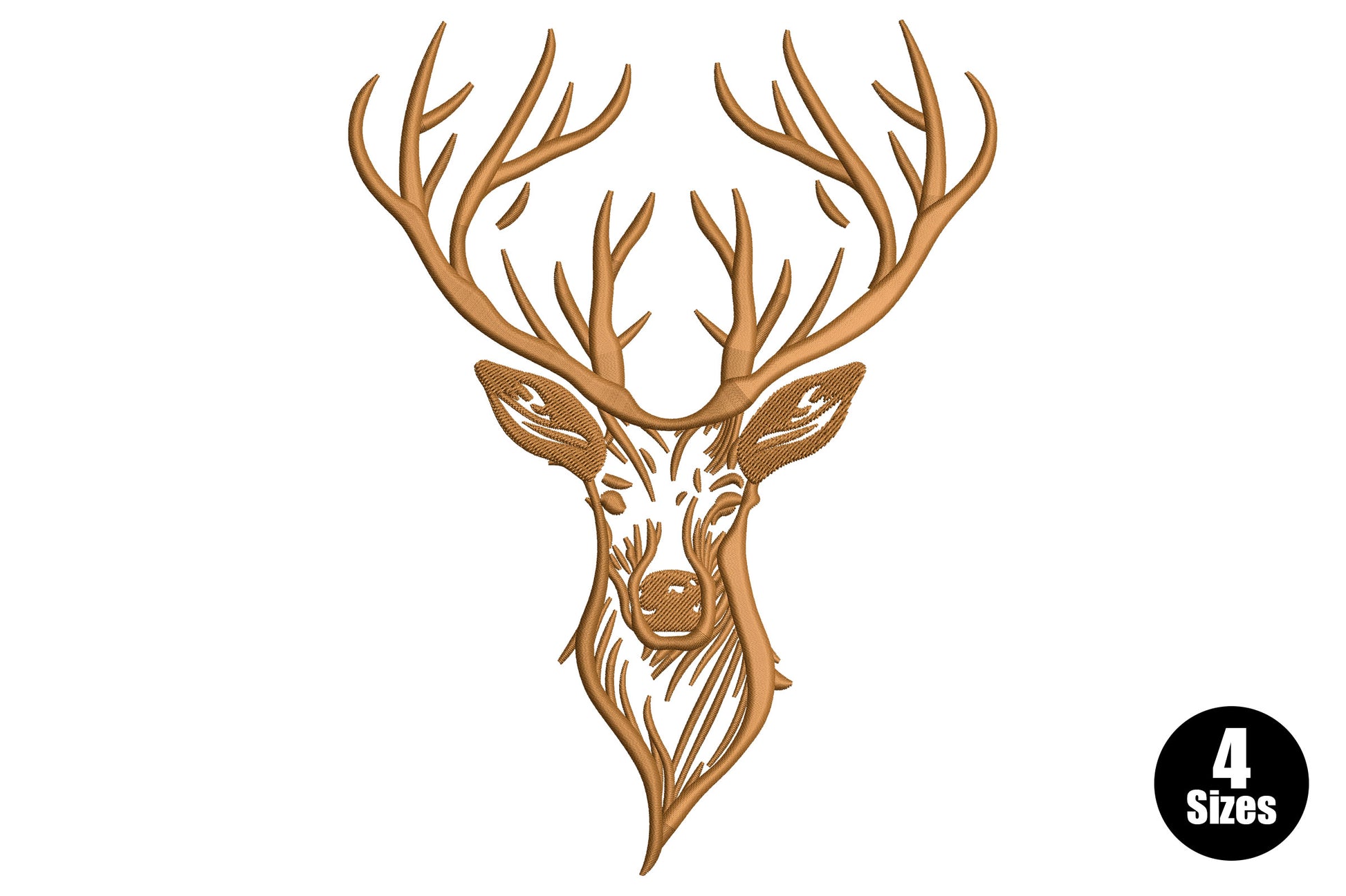 Brown outline embroidery of a deer head with wide branching antlers and sketch-style facial detail lines on white fabric.