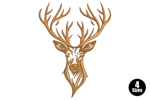 Brown outline embroidery of a deer head with wide branching antlers and sketch-style facial detail lines on white fabric.