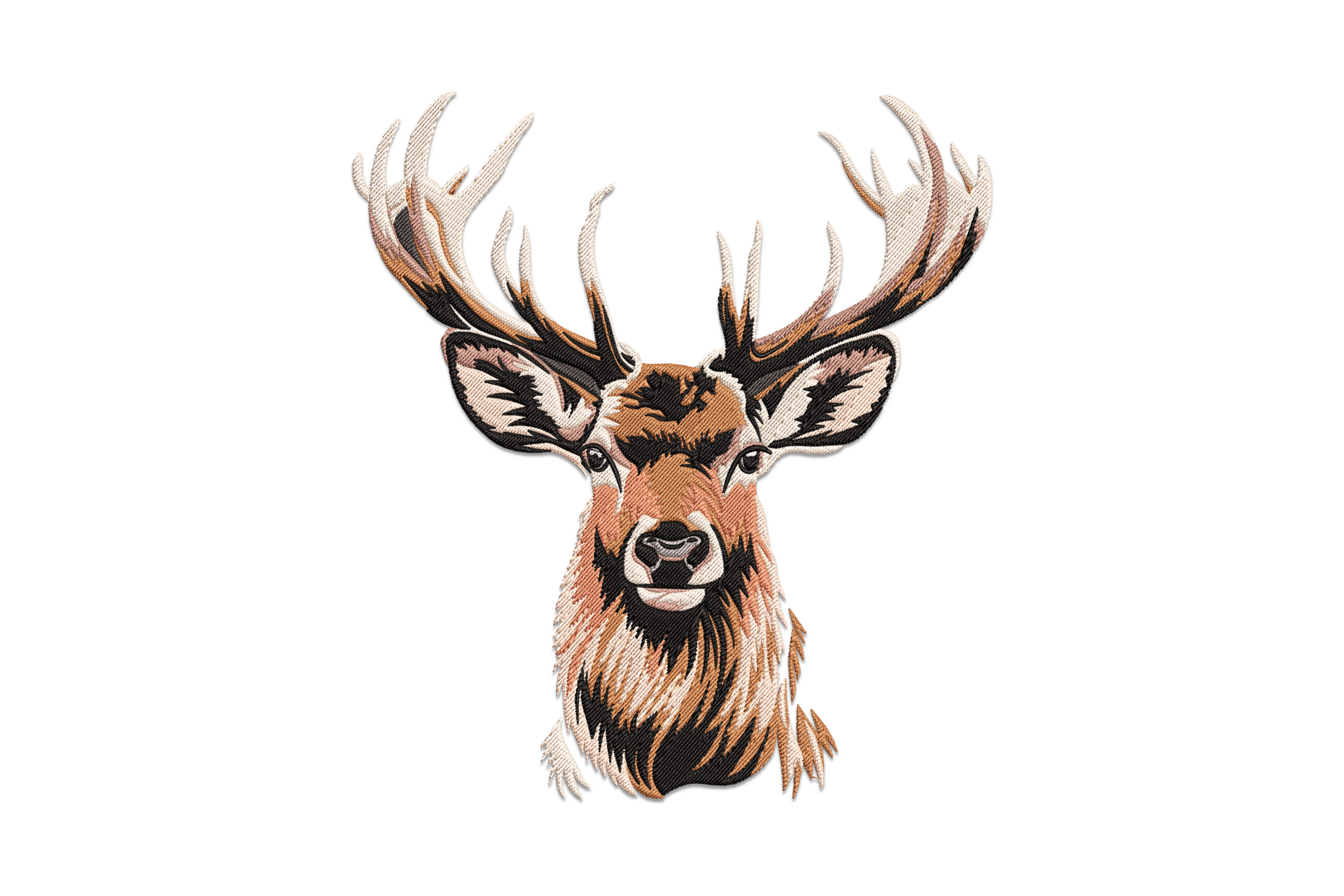 Deer head embroidery with wide symmetrical antlers, warm brown and tan layered fur, frontal portrait view on cream fabric