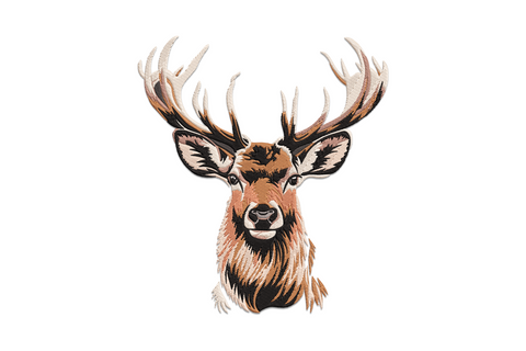 Deer head embroidery with wide symmetrical antlers, warm brown and tan layered fur, frontal portrait view on cream fabric
