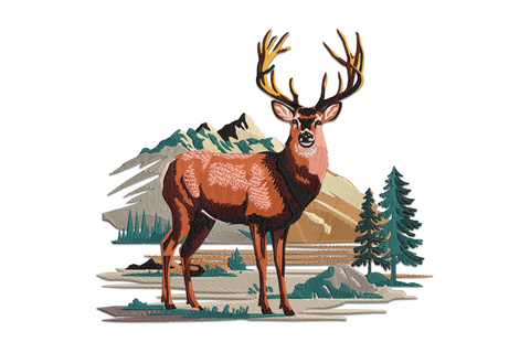 Majestic deer landscape embroidery design with full-body buck, teal mountains, pine trees and golden sky in 15 colours.