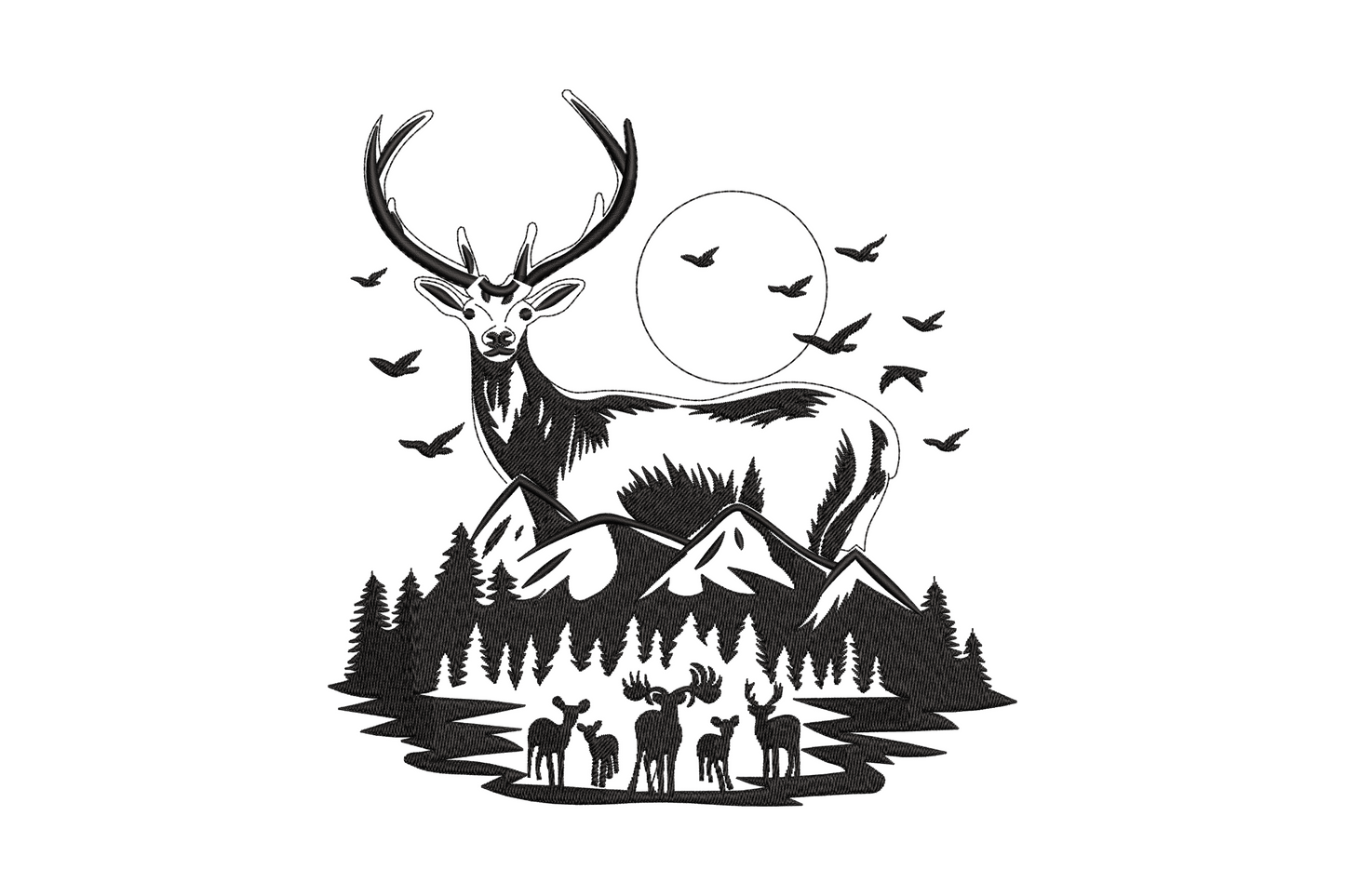 Black embroidery of a buck with wide antlers over mountains, pine trees, a moon circle, 3 small deer and birds