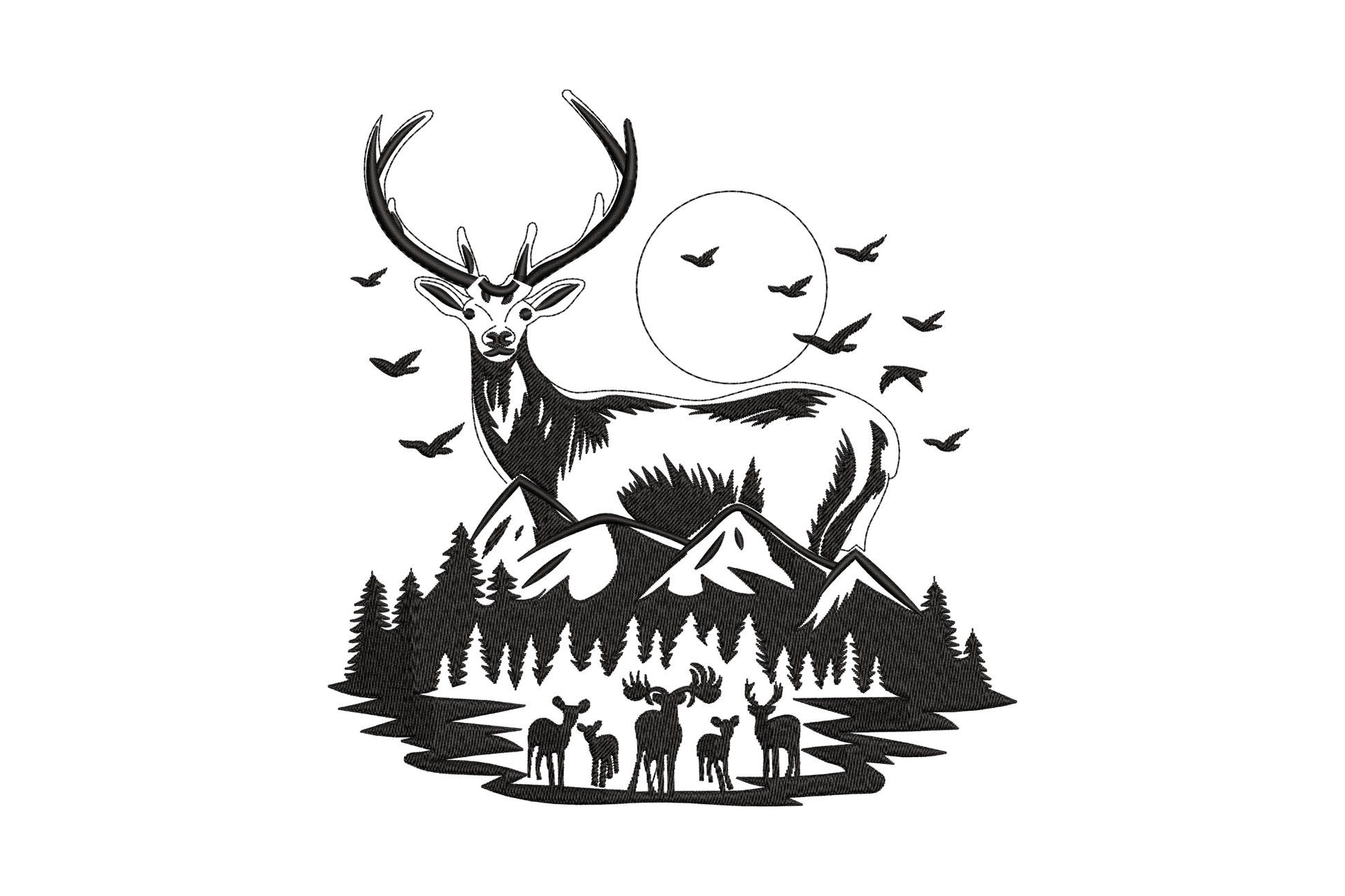 Black embroidery of a buck with wide antlers over mountains, pine trees, a moon circle, 3 small deer and birds
