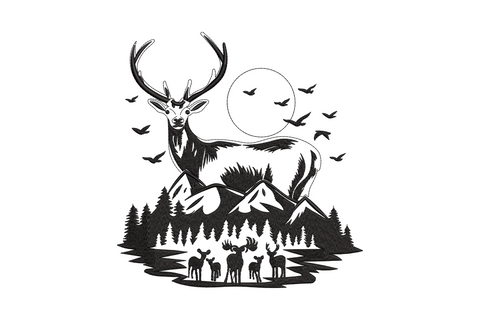 Black embroidery of a buck with wide antlers over mountains, pine trees, a moon circle, 3 small deer and birds