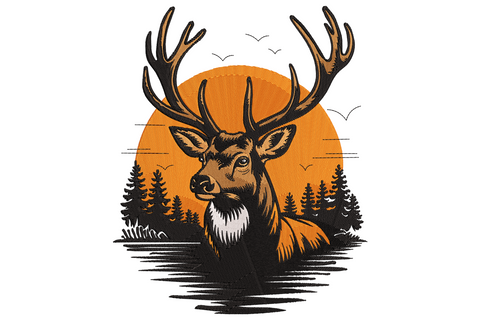 Antlered buck deer silhouette with bright orange sun behind, pine forest treeline and flying birds embroidery design.