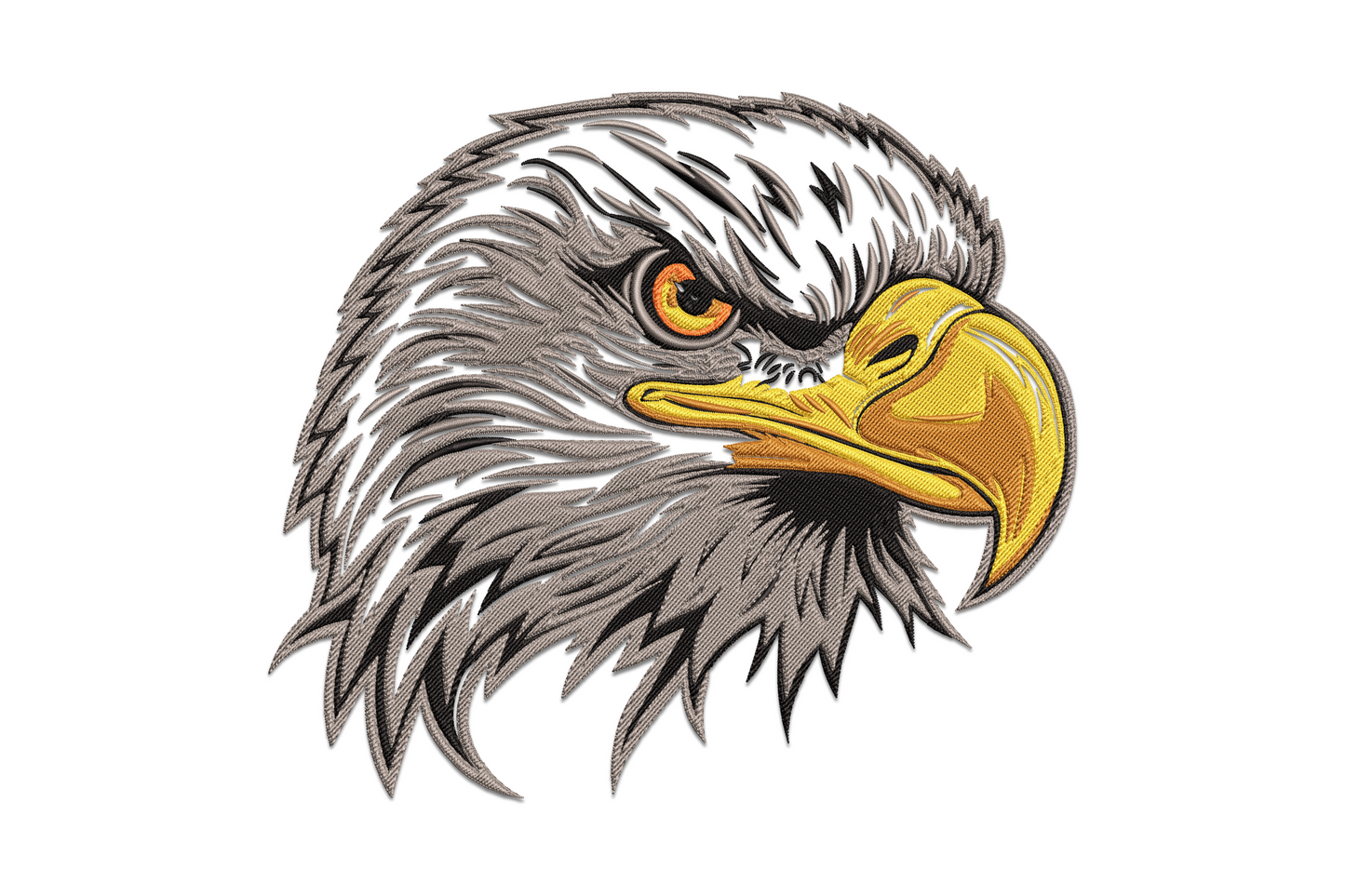 Majestic eagle head embroidery design with yellow beak, orange eye, and layered grey feathers on white background