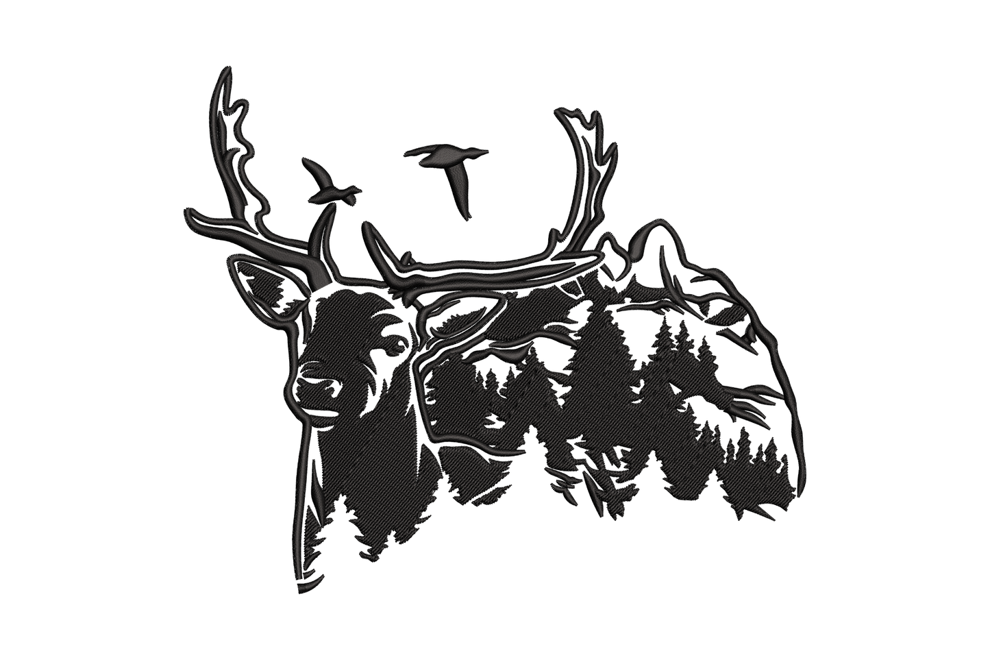 Majestic elk forest silhouette embroidery design, pine trees and mountains inside elk body, 5 sizes up to 6.4 by 7.5 inches