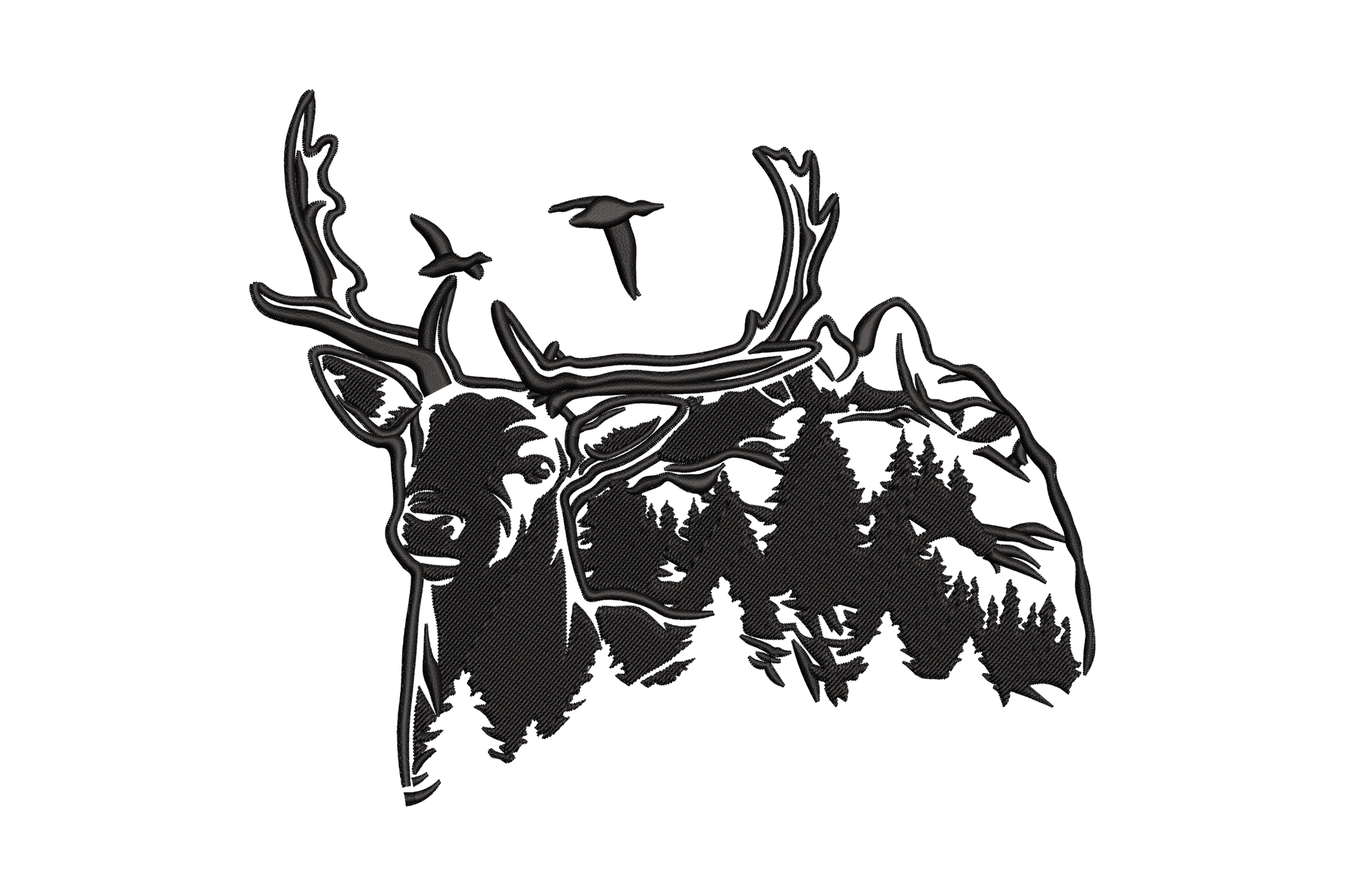 Majestic elk forest silhouette embroidery design, pine trees and mountains inside elk body, 5 sizes up to 6.4 by 7.5 inches