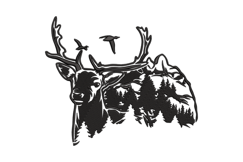 Majestic elk forest silhouette embroidery design, pine trees and mountains inside elk body, 5 sizes up to 6.4 by 7.5 inches