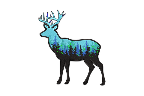 Buck deer silhouette with pine forest and teal sky inside, black outline, light blue antlers, embroidery design