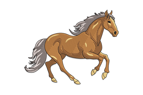 Galloping horse embroidery design with chestnut brown body, grey flowing mane and tail, six thread colours on white background.
