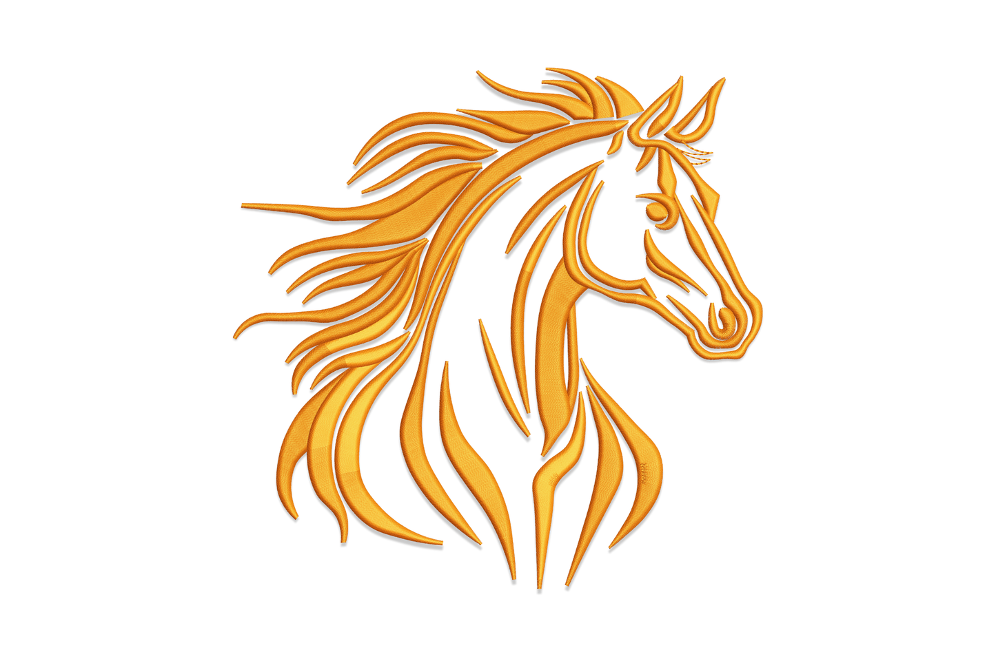 Majestic horse head embroidery design with flowing mane in dramatic side profile, single colour thread artwork.