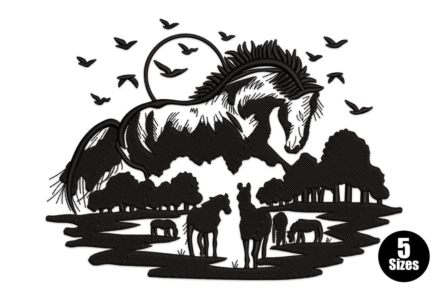 Majestic horse landscape embroidery, black silhouette rearing horse with moon, trees and birds, single colour, up to 30670 stitches