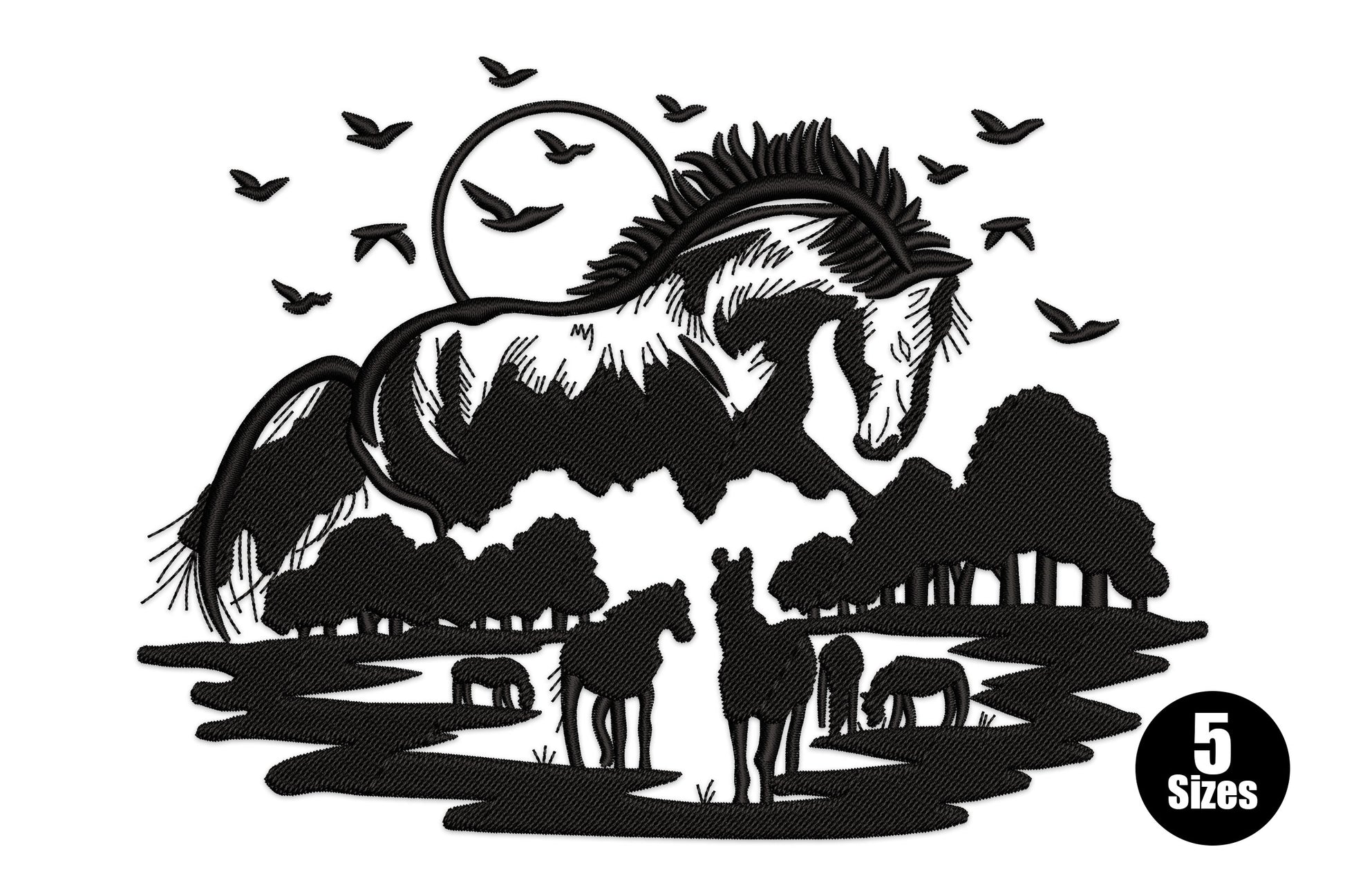 Majestic horse landscape embroidery, black silhouette rearing horse with moon, trees and birds, single colour, up to 30670 stitches