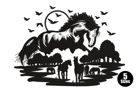 Majestic horse landscape embroidery, black silhouette rearing horse with moon, trees and birds, single colour, up to 30670 stitches