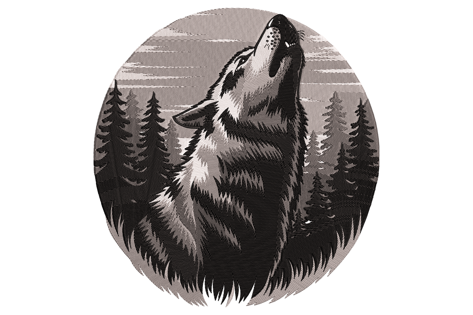Howling wolf embroidery design in a circle, monochrome engraving style with pine forest background, white grey and black tones.