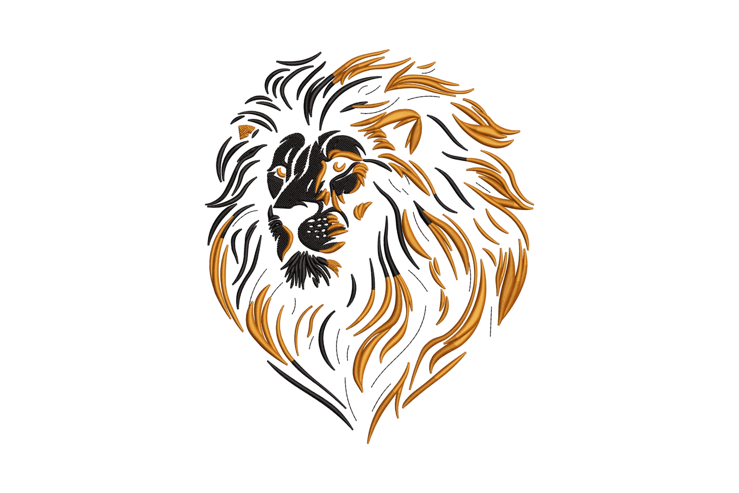Majestic lion head embroidery design with two-colour flowing mane in jet black and amber-brown thread, 5 sizes 4-8 inches, digitised in Wilcom EmbroideryStudio.