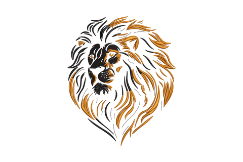 Majestic lion head embroidery design with two-colour flowing mane in jet black and amber-brown thread, 5 sizes 4-8 inches, digitised in Wilcom EmbroideryStudio.