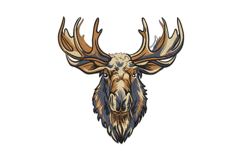Majestic moose head machine embroidery design, forward-facing wildlife portrait with wide palmate antlers in 5-colour thread palette