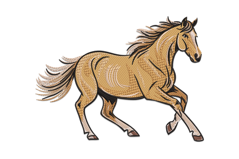 Running horse embroidery design with flowing chestnut mane and tail in mid-gallop stride, equestrian style with directional fur fill stitching