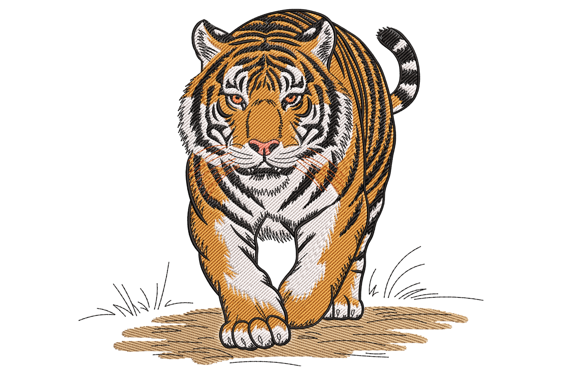Majestic tiger embroidery design with realistic forward-facing tiger portrait, amber fur, black stripes, golden yellow eyes.