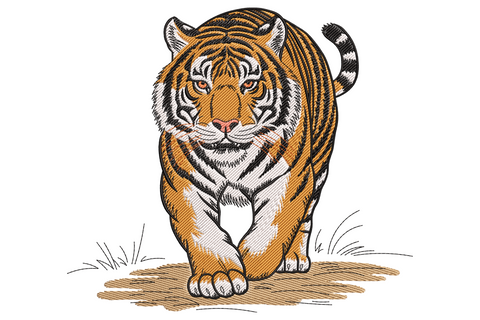 Majestic tiger embroidery design with realistic forward-facing tiger portrait, amber fur, black stripes, golden yellow eyes.