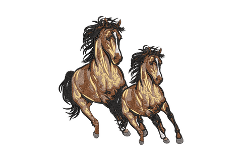 Twin running horses embroidery design with chestnut body coats, ebony leg shadows, and flowing cream mane, two horses mid-gallop in dense directional fill.