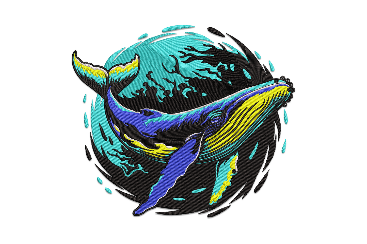 Humpback whale embroidery, aqua teal and cobalt blue, yellow belly stripes, circular ocean composition with dark seaweed.
