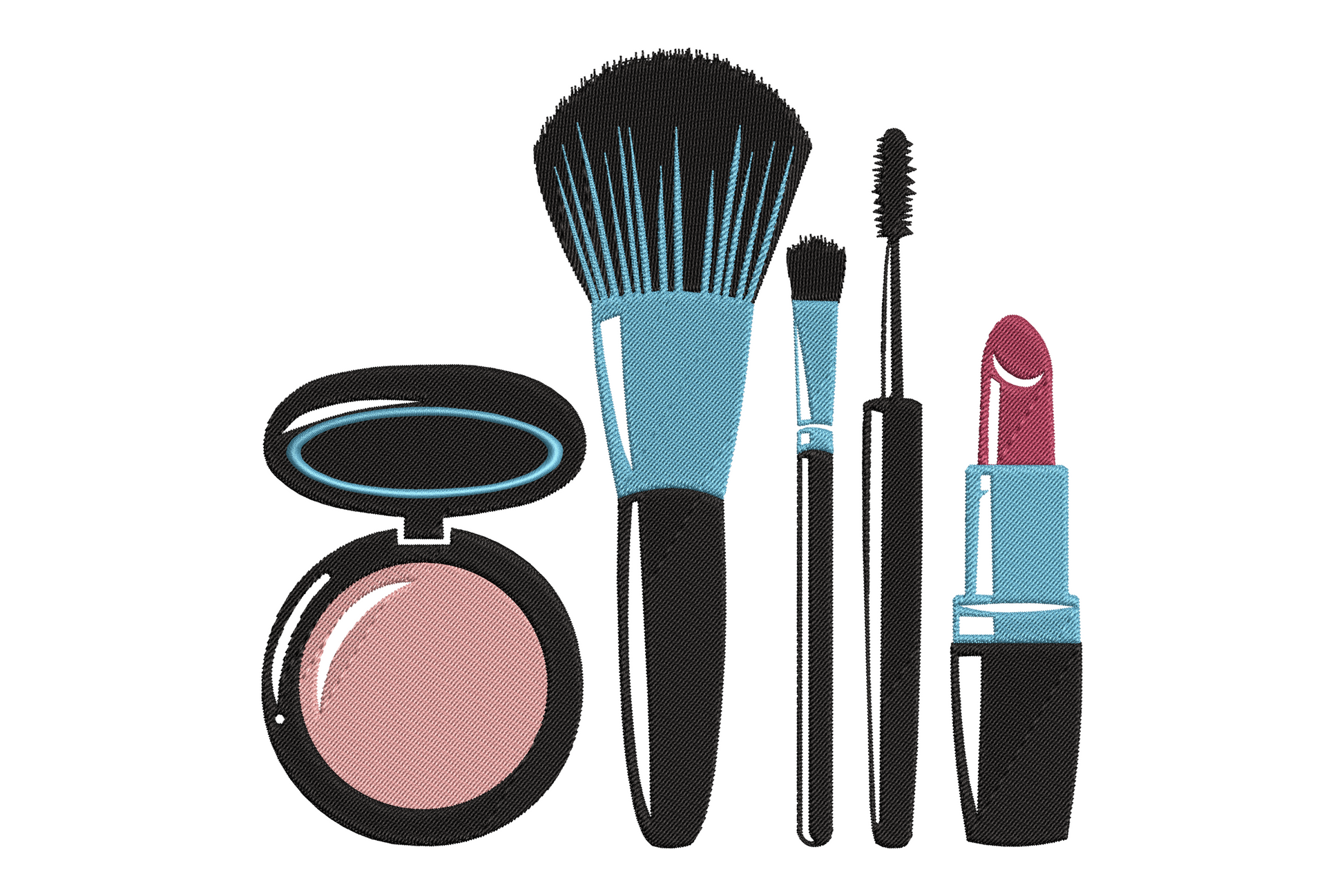 Embroidery design showing four makeup tools: open powder compact, kabuki brush, mascara wand, and berry lipstick in sky blue, black, and blush pink