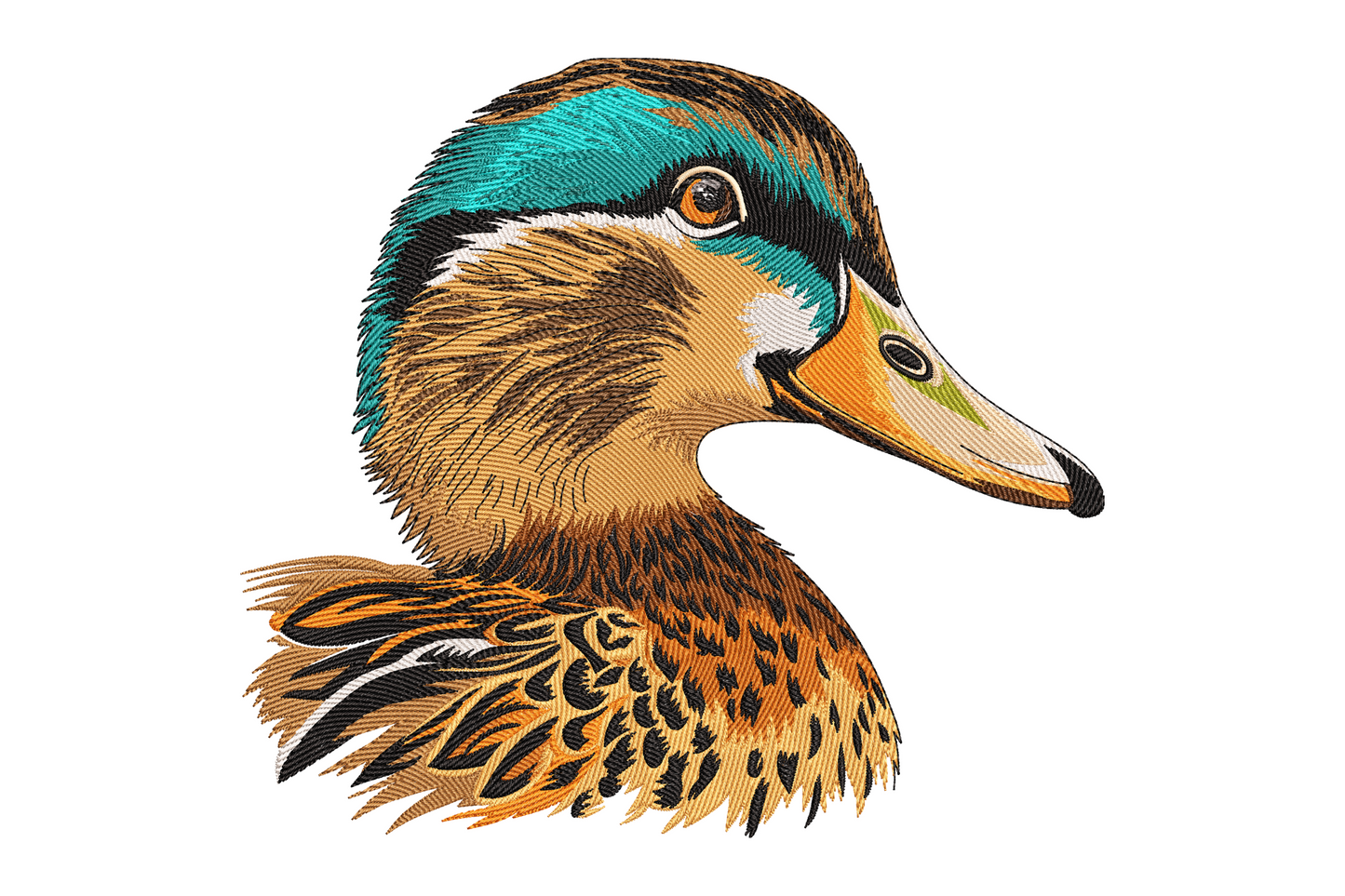 Realistic mallard duck head embroidery with iridescent teal head, white neck ring, orange beak and layered brown chest feathers.