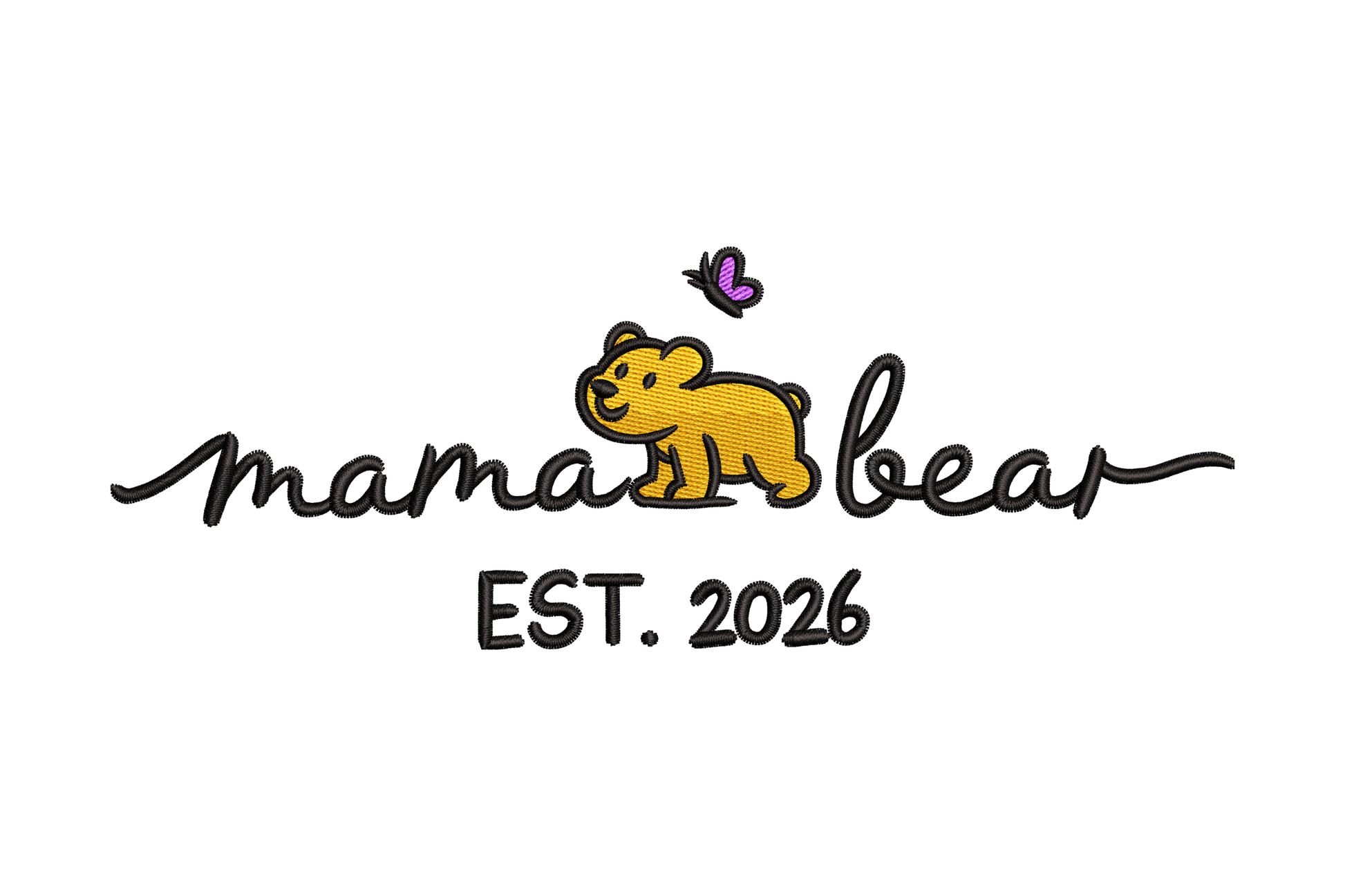 Logo of 'mama bear' with a yellow bear and butterfly embroidery design