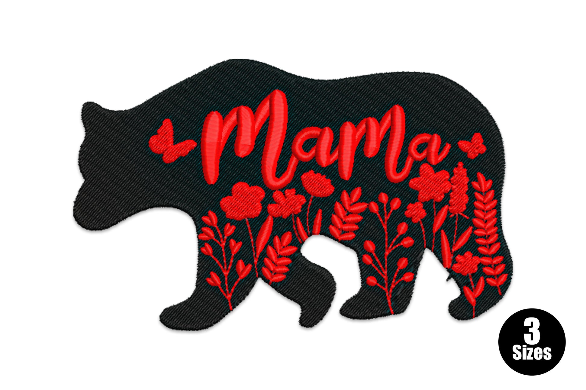 Mama bear floral embroidery design, bear with flower accents, 2 colours, 3 sizes up to 3.72 inches wide