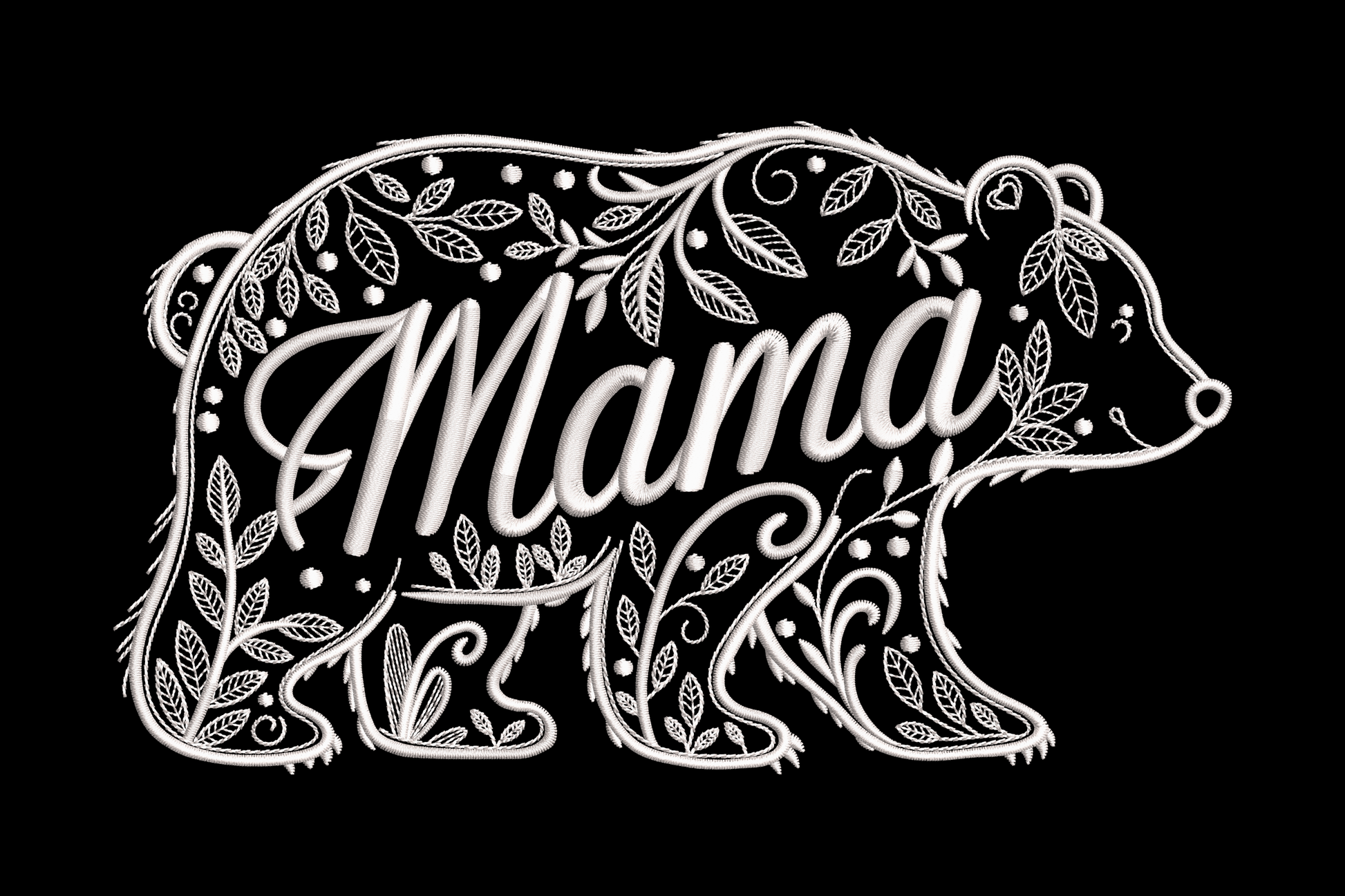 White silhouette of a bear with 'Mama' text embroidery design