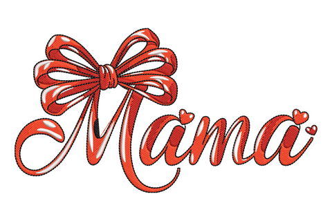 Mama bow embroidery design with bold red cursive lettering and decorative red bow with ribbon loops and small heart accents.