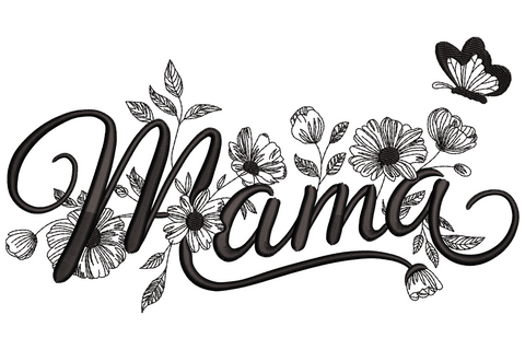 Machine embroidery of the word Mama shaped into butterfly wings with floral details, single colour, nine sizes