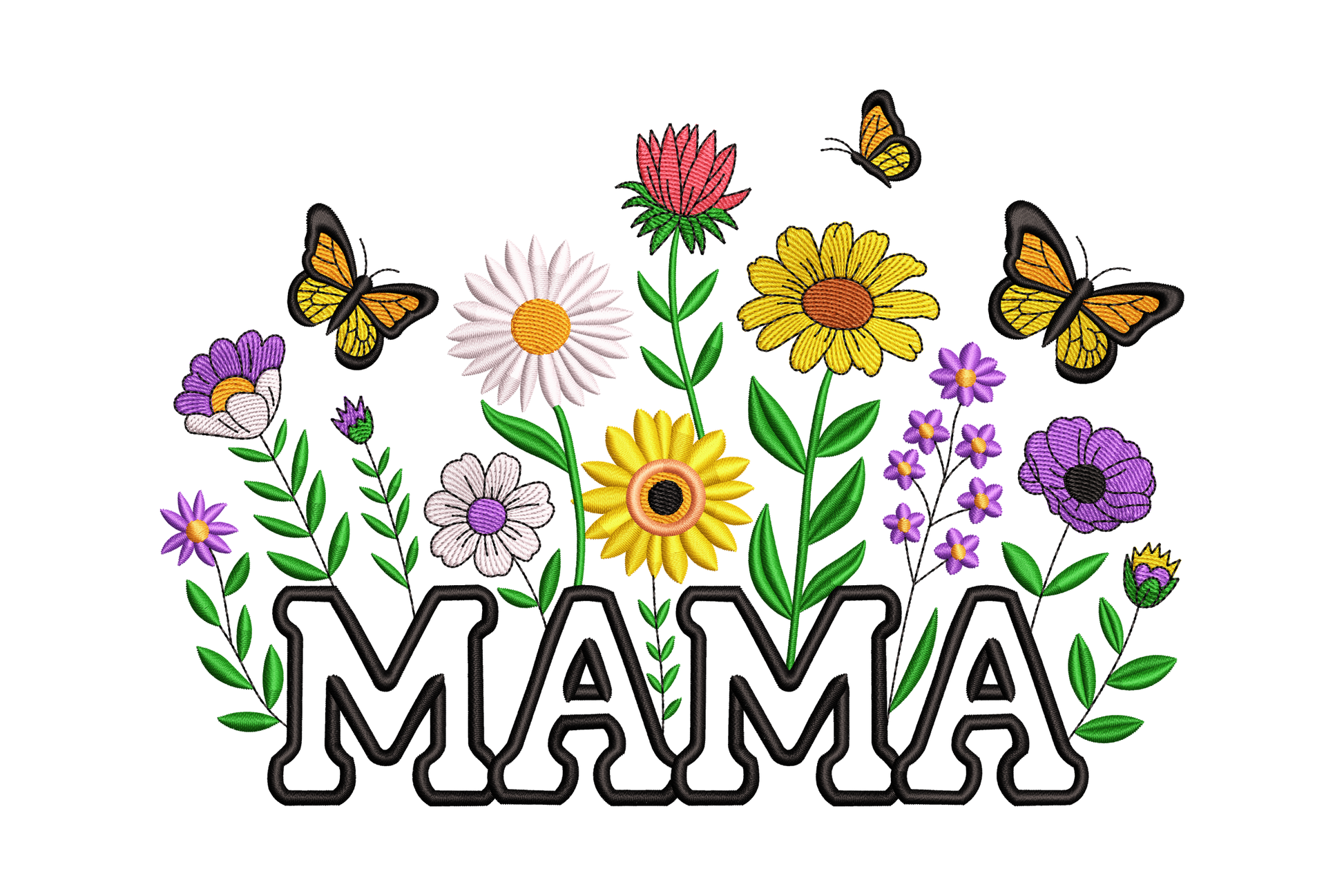Colorful flowers and butterflies with the word 'MAMA' on a white background