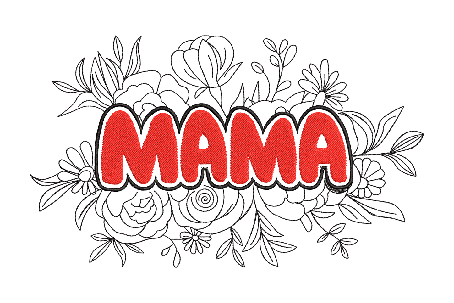 Mama floral embroidery design in cursive script with botanical sprigs in dusty rose and sage green