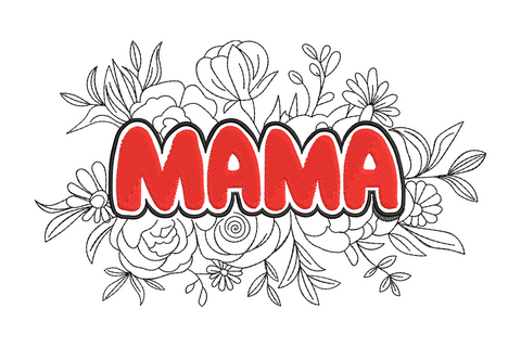 Mama floral embroidery design in cursive script with botanical sprigs in dusty rose and sage green
