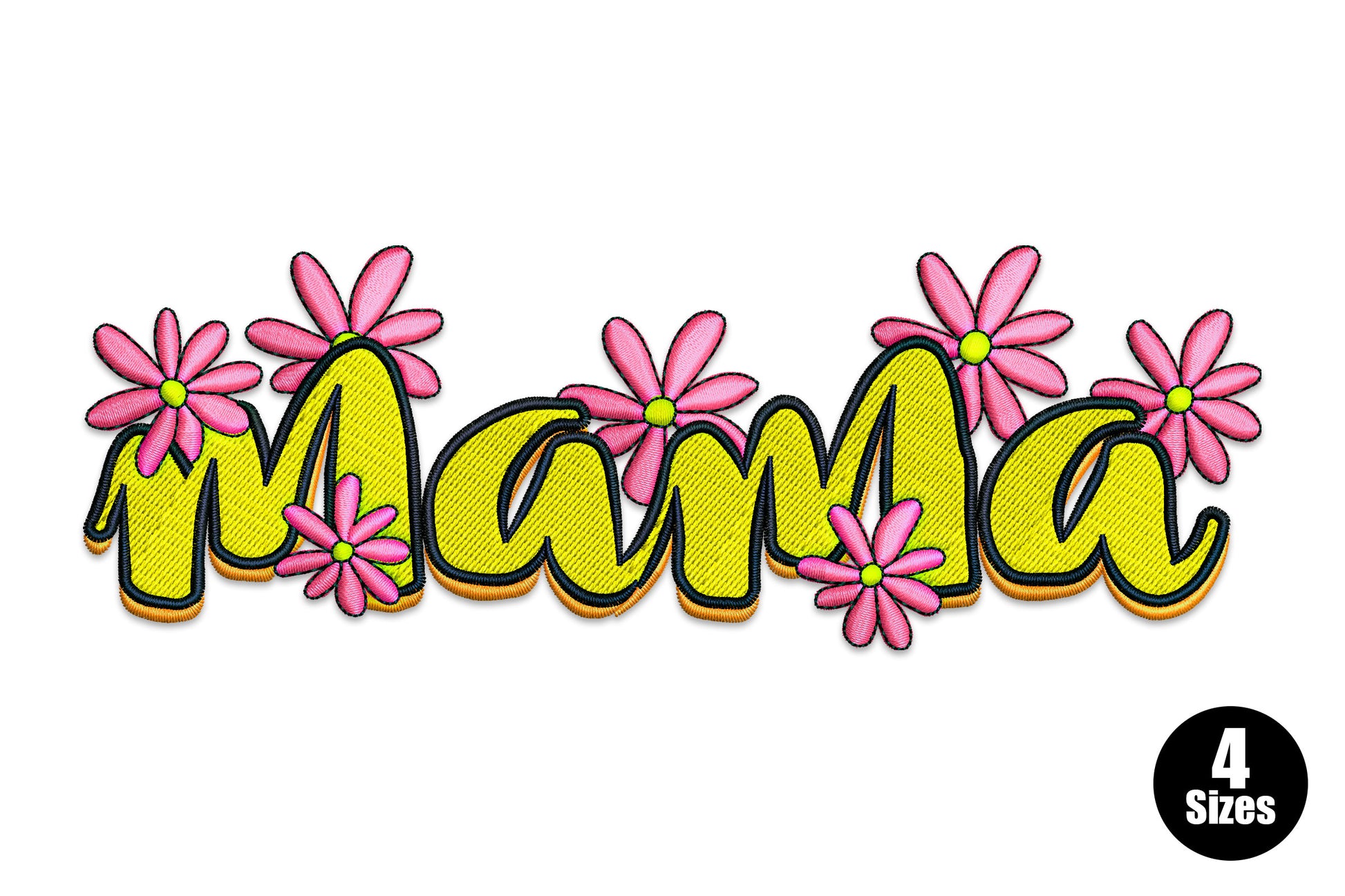 Mama floral name embroidery design with yellow chunky block letters and pink daisy flowers, retro outlined style on white background
