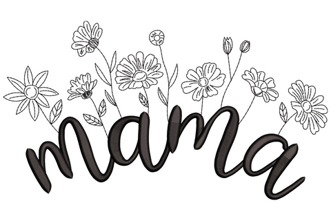 Mama floral outline embroidery design with cursive script and wildflower daisies growing from the letters in running-stitch outline style.