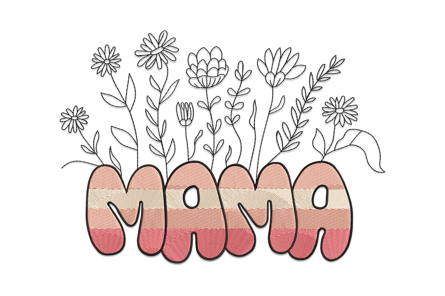 Mama floral typography embroidery with script lettering, botanical flower sprigs and vines in 4 thread colours on white cotton fabric