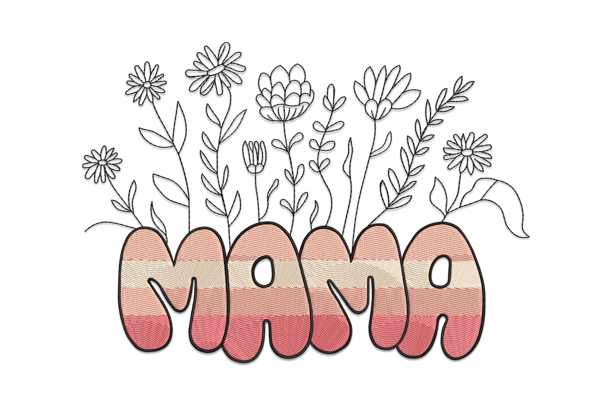 Mama floral typography embroidery with script lettering, botanical flower sprigs and vines in 4 thread colours on white cotton fabric