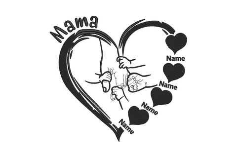 Mama heart hands embroidery, two hands forming finger-heart, mama text, 5 sizes up to 7.36 inches wide